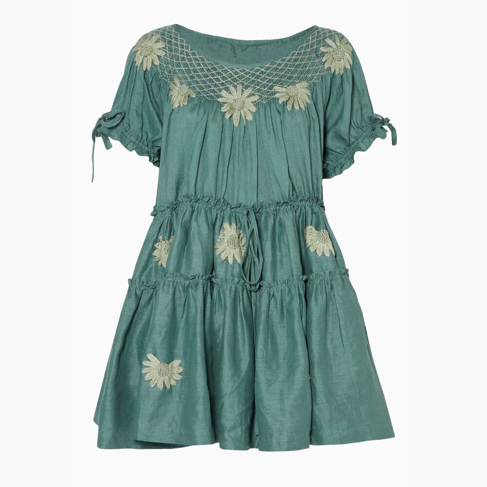 Innika Choo Green Mini Smock Embroidered Dress, One size only